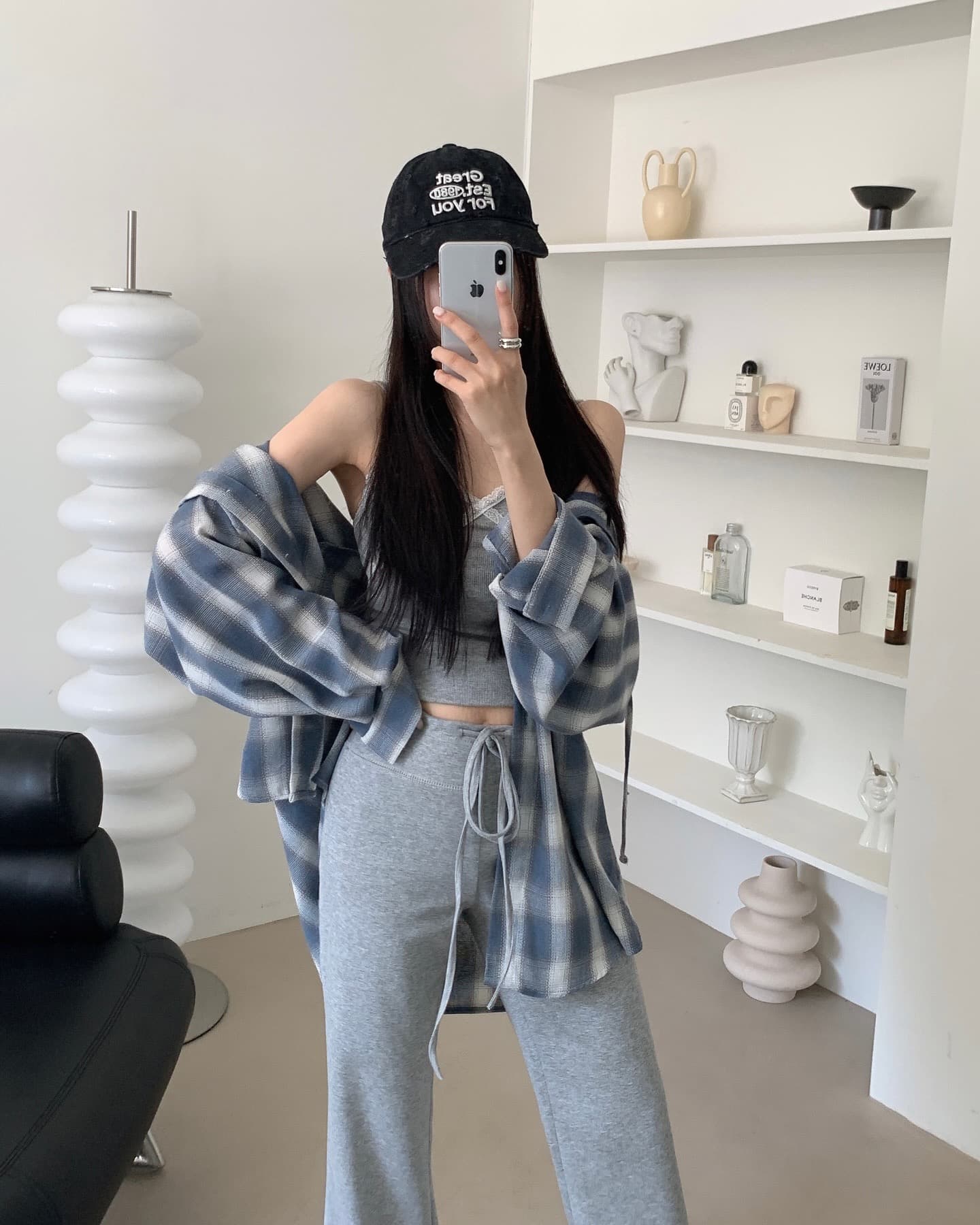 있음 선적 둘 색상 한 부서 BF 바람 루즈핏 후드 셔츠 싱글 줄 버튼 체크무늬 상세 이미지 8