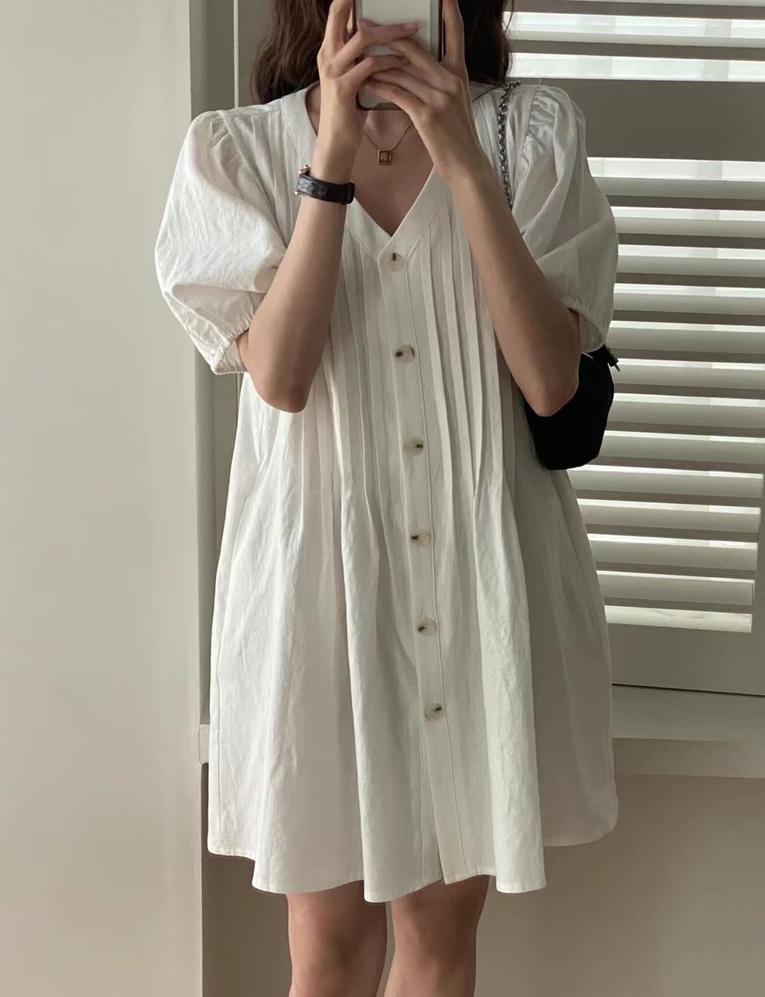 있음 선적 삼색 공예 접기 측면 V넥 싱글 줄 버튼 드레스 상세 이미지 3