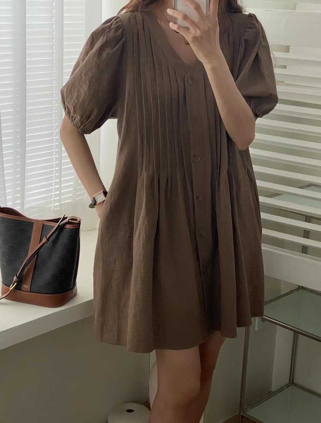 있음 선적 삼색 공예 접기 측면 V넥 싱글 줄 버튼 드레스 상세 이미지 7