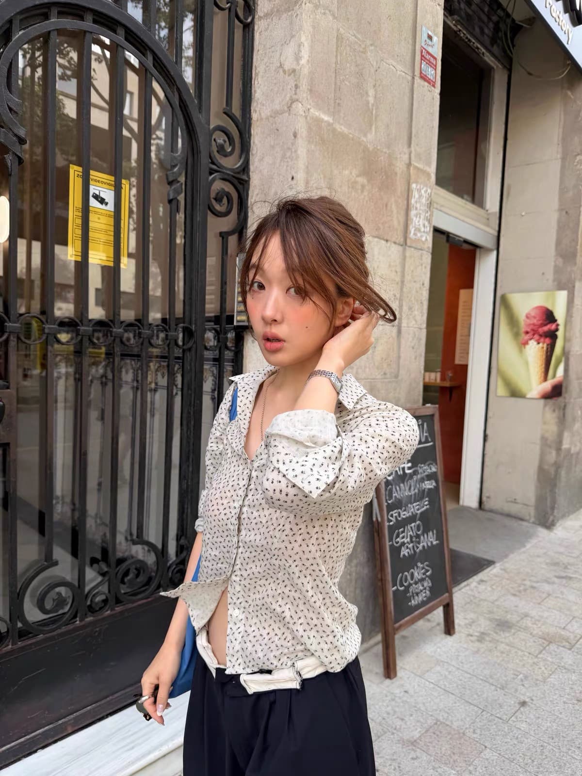 있음 선적 한 부서 동대문 보 주님 연령 감소 캐주얼 프린트 몸매 가꾸기 셔츠 싱글 줄 버튼 이미지 4