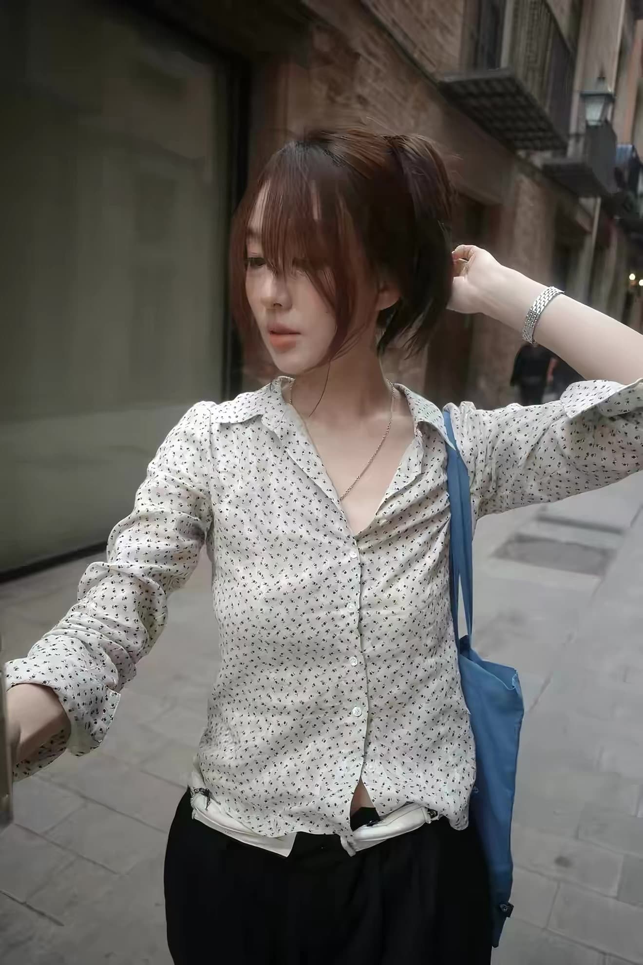 있음 선적 한 부서 동대문 보 주님 연령 감소 캐주얼 프린트 몸매 가꾸기 셔츠 싱글 줄 버튼 상세 이미지 8