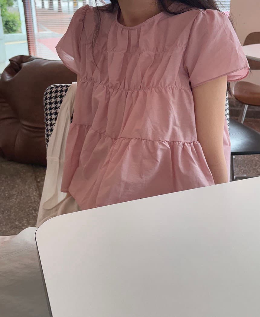 있음 선적 둘 색상 라운드 넥 작은 날다 소매 주간 실크 차가운 센스 주름 반팔 셔츠 상세 이미지 5