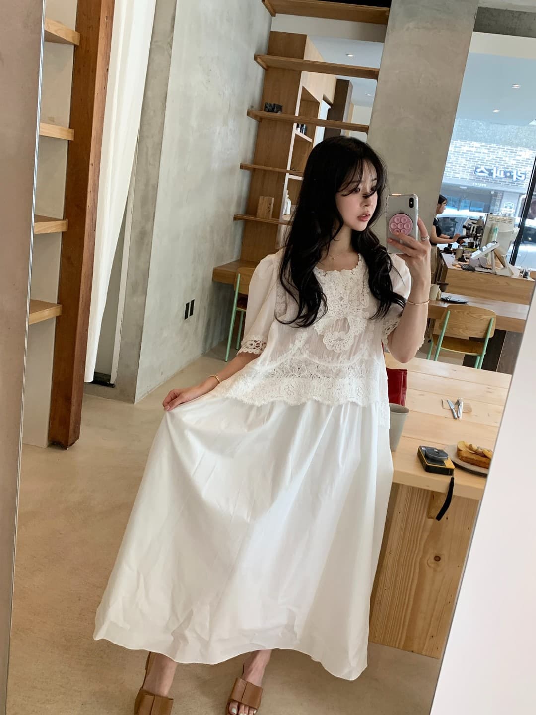 있음 선적 한 부서 미니멀리즘 자수 물결무늬 측면 반팔 큰 진자 드레스 상세 이미지 32