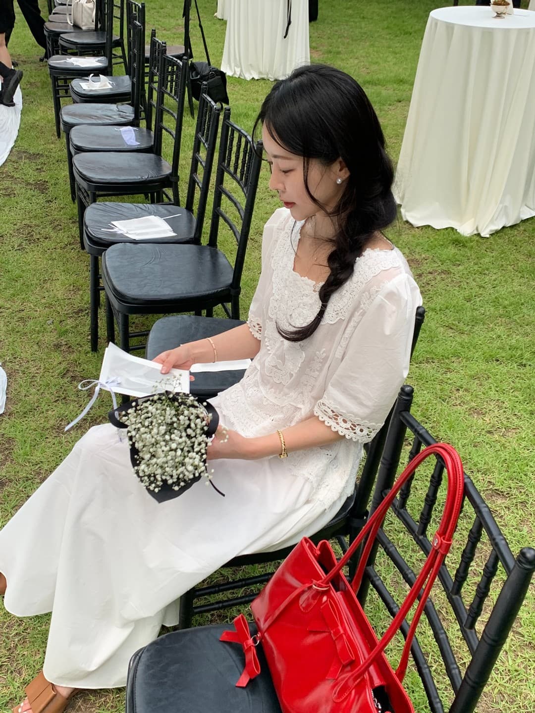 있음 선적 한 부서 미니멀리즘 자수 물결무늬 측면 반팔 큰 진자 드레스 상세 이미지 40
