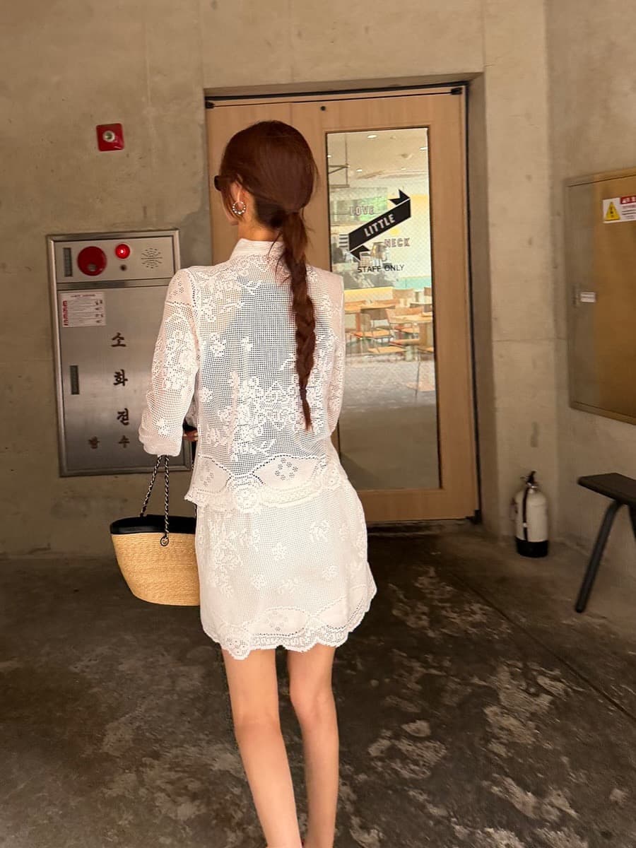 사이즈 업데이트 한 부서 순면 홀로우 아웃 레이스 라운드 넥 맨위 반신 치마 세트 상세 이미지 8