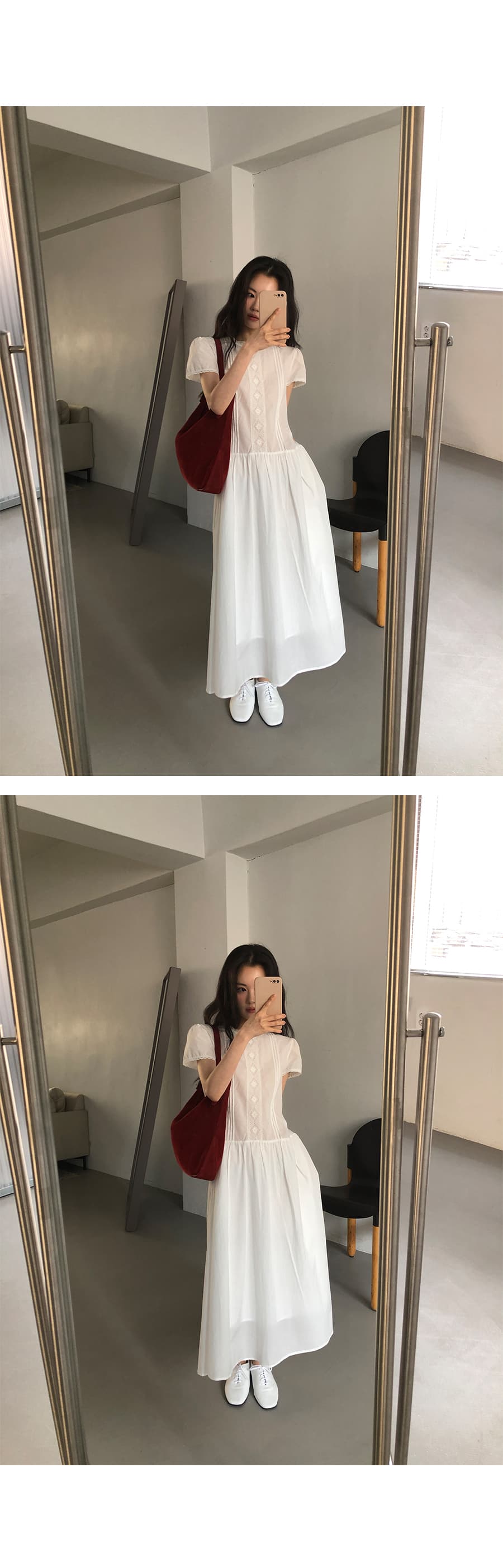 있음 선적 한 부서 품격 패치워크 레이스 순수한 흰색 반팔 큰 진자 드레스 상세 이미지 1