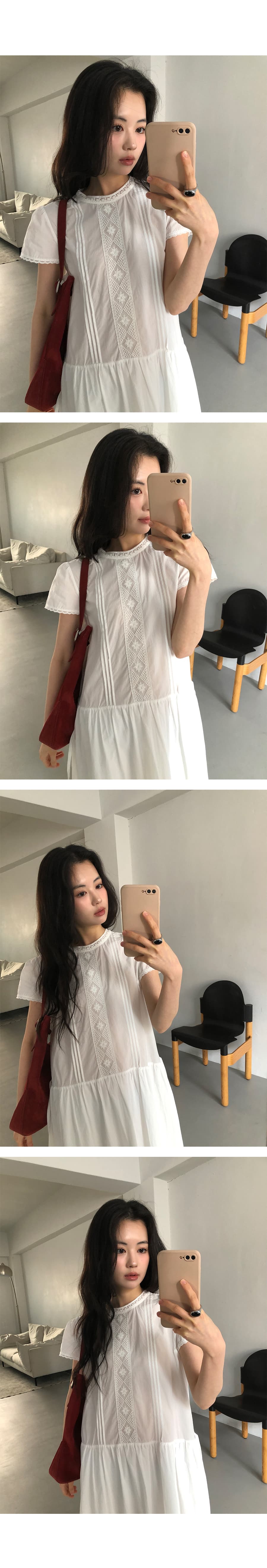 있음 선적 한 부서 품격 패치워크 레이스 순수한 흰색 반팔 큰 진자 드레스 상세 이미지 2