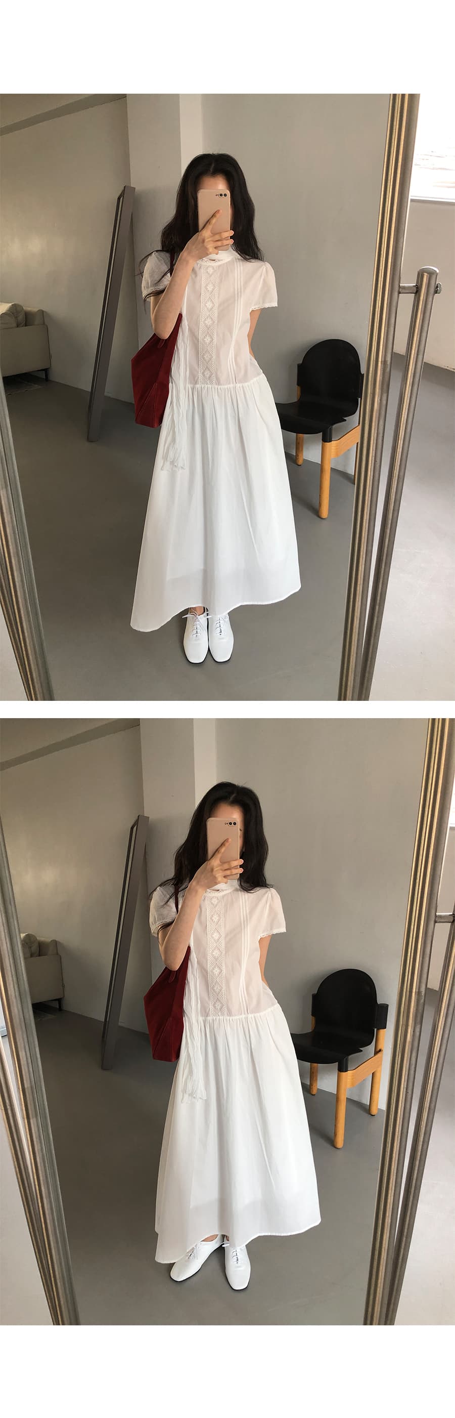 있음 선적 한 부서 품격 패치워크 레이스 순수한 흰색 반팔 큰 진자 드레스 상세 이미지 3