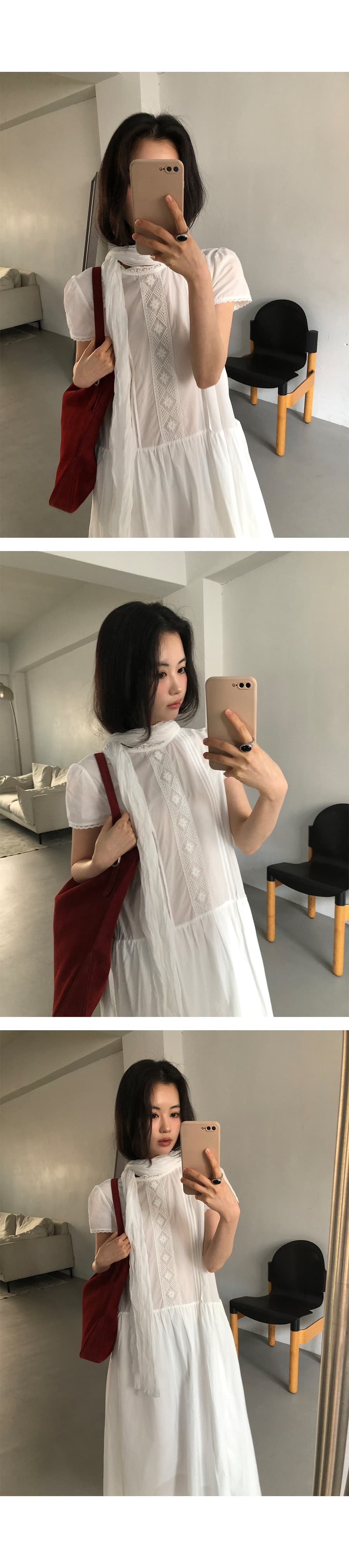 있음 선적 한 부서 품격 패치워크 레이스 순수한 흰색 반팔 큰 진자 드레스 상세 이미지 4