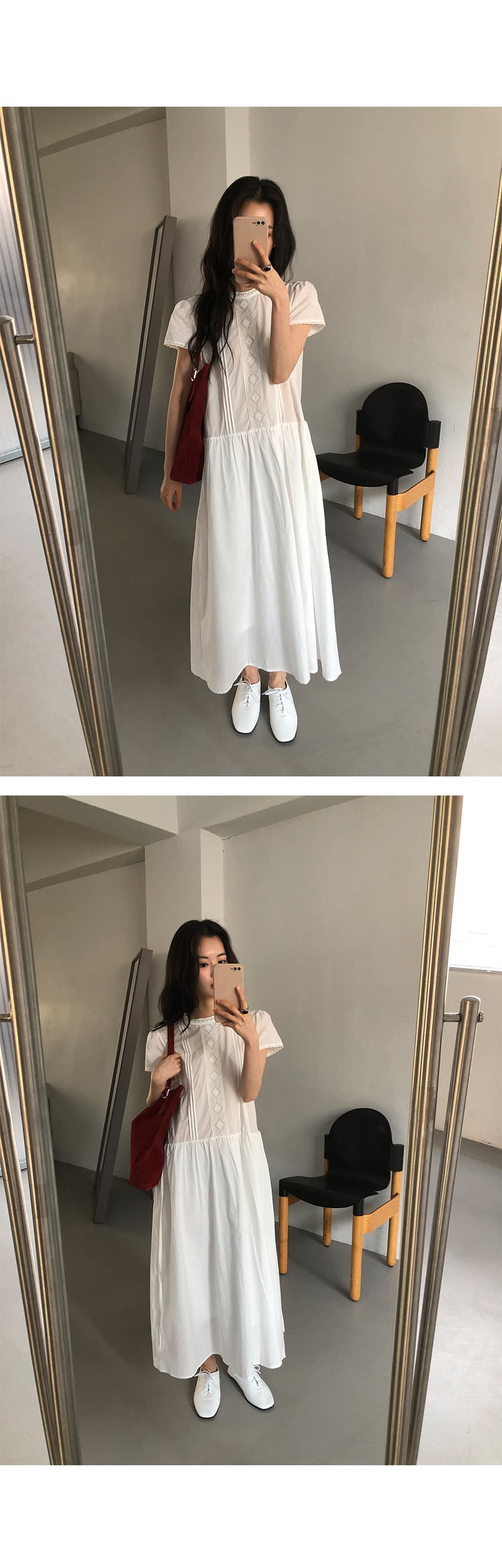 있음 선적 한 부서 품격 패치워크 레이스 순수한 흰색 반팔 큰 진자 드레스 상세 이미지 5