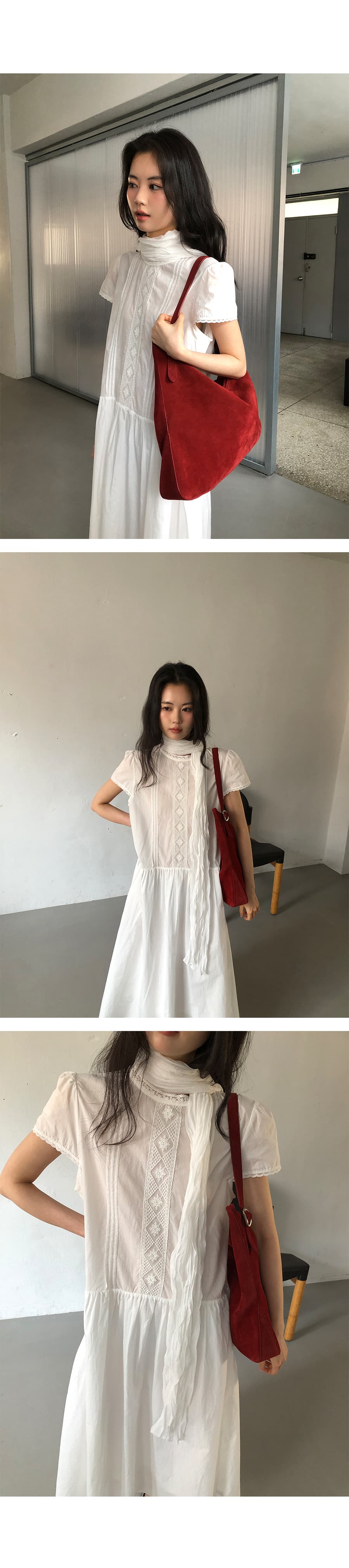 있음 선적 한 부서 품격 패치워크 레이스 순수한 흰색 반팔 큰 진자 드레스 상세 이미지 7