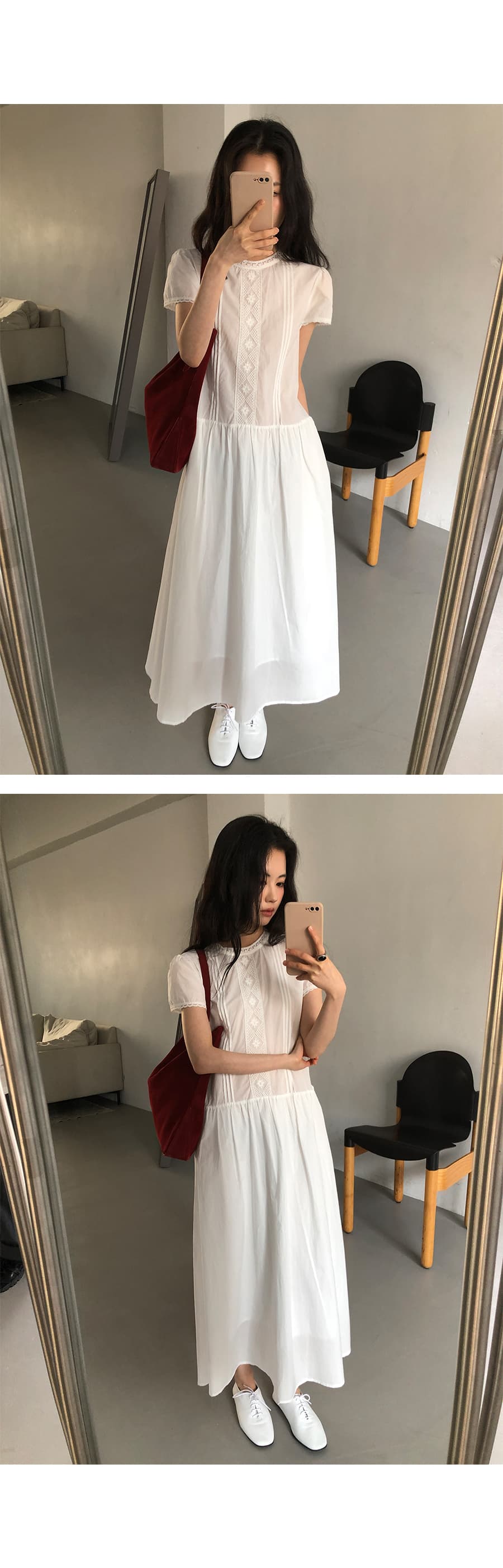 있음 선적 한 부서 품격 패치워크 레이스 순수한 흰색 반팔 큰 진자 드레스 상세 이미지 8