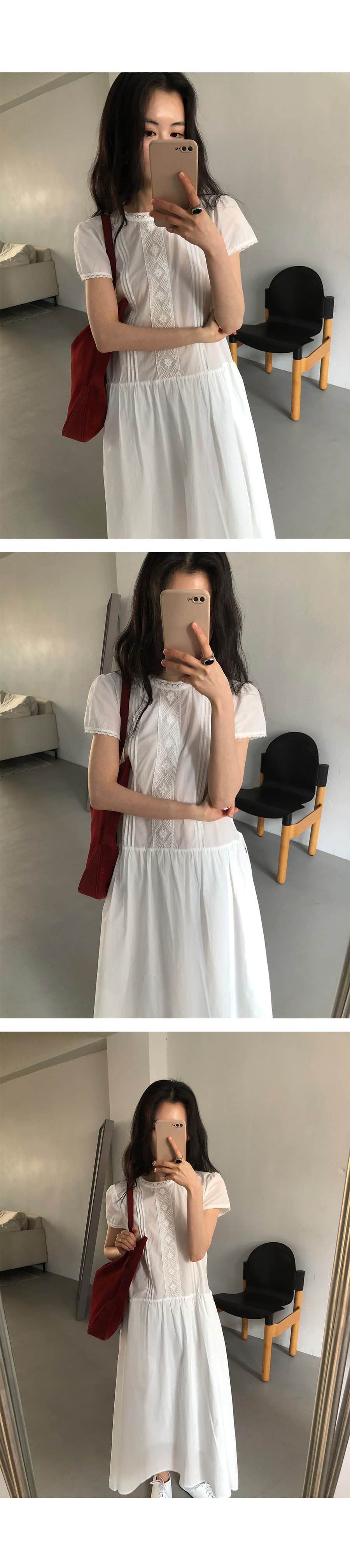 있음 선적 한 부서 품격 패치워크 레이스 순수한 흰색 반팔 큰 진자 드레스 상세 이미지 9