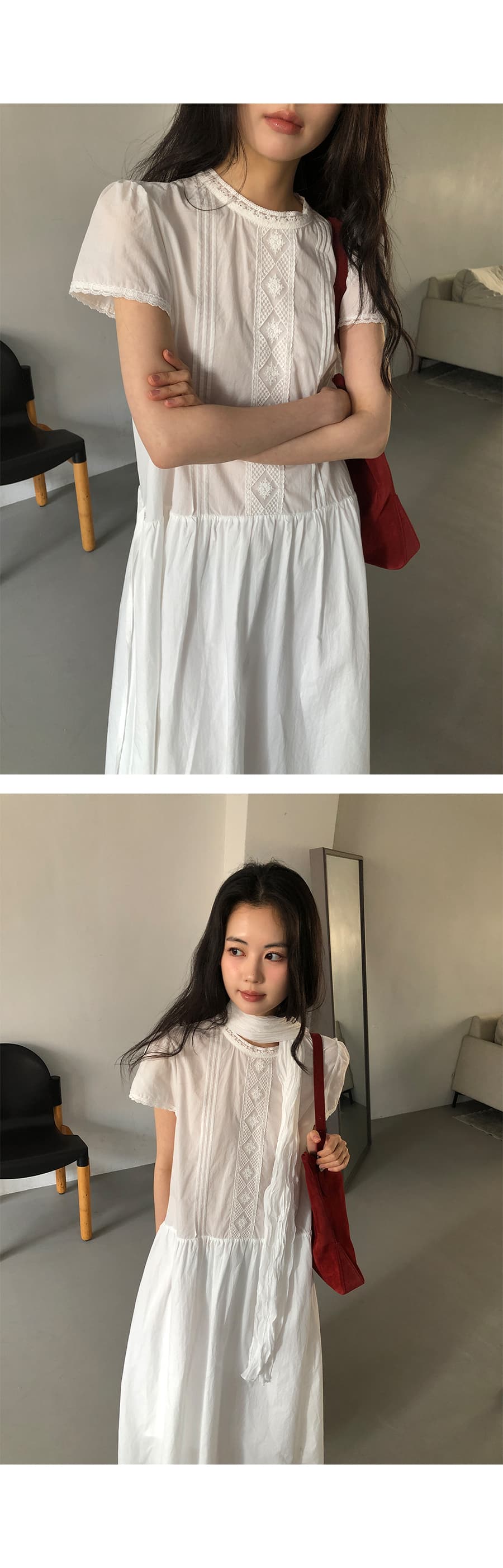 있음 선적 한 부서 품격 패치워크 레이스 순수한 흰색 반팔 큰 진자 드레스 상세 이미지 13
