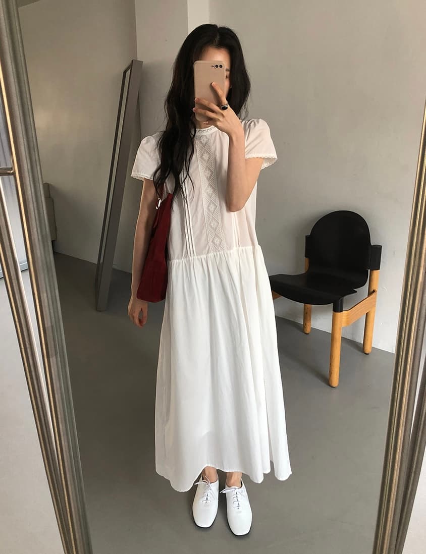 있음 선적 한 부서 품격 패치워크 레이스 순수한 흰색 반팔 큰 진자 드레스