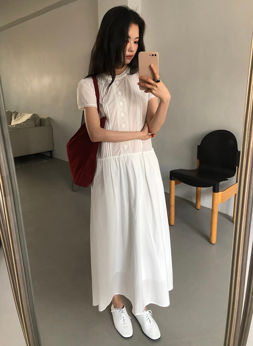 있음 선적 한 부서 품격 패치워크 레이스 순수한 흰색 반팔 큰 진자 드레스 이미지 3
