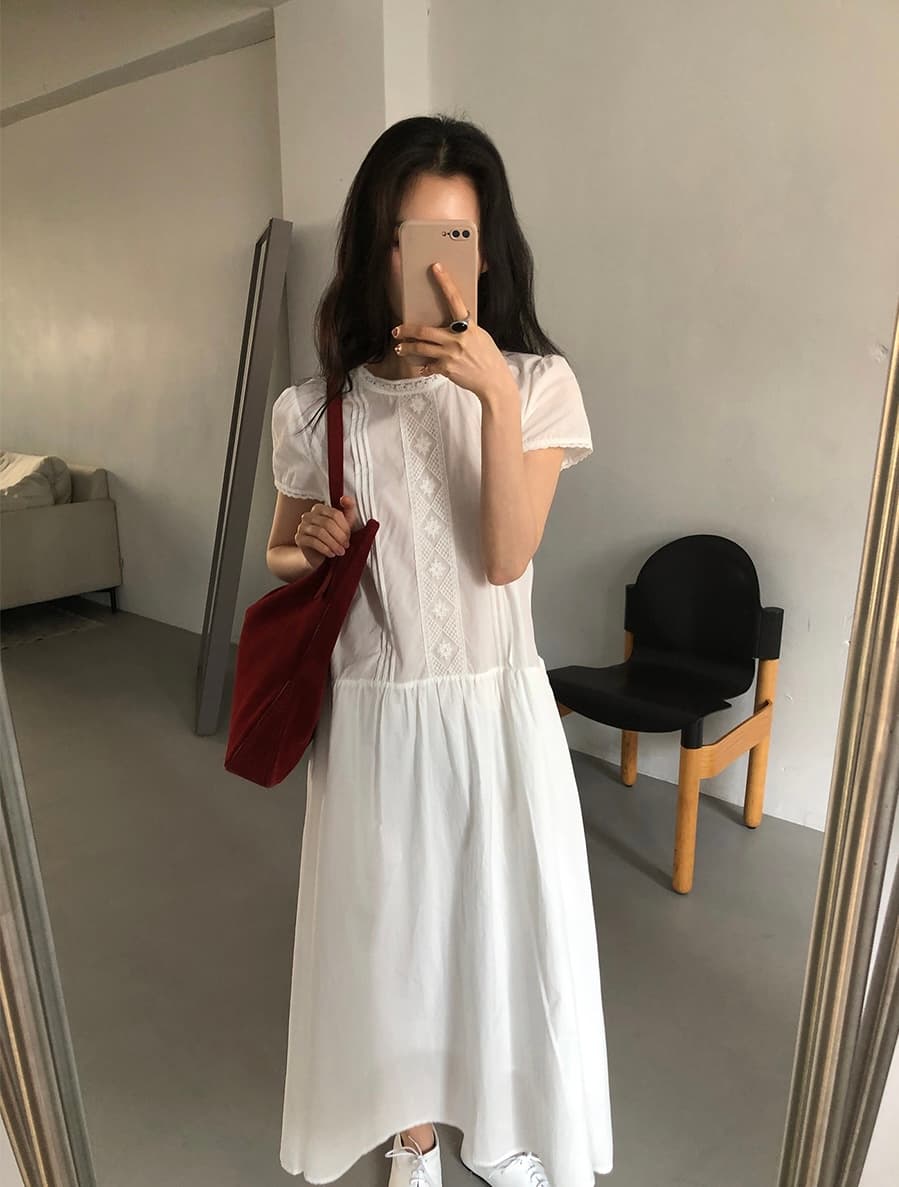 있음 선적 한 부서 품격 패치워크 레이스 순수한 흰색 반팔 큰 진자 드레스 이미지 2