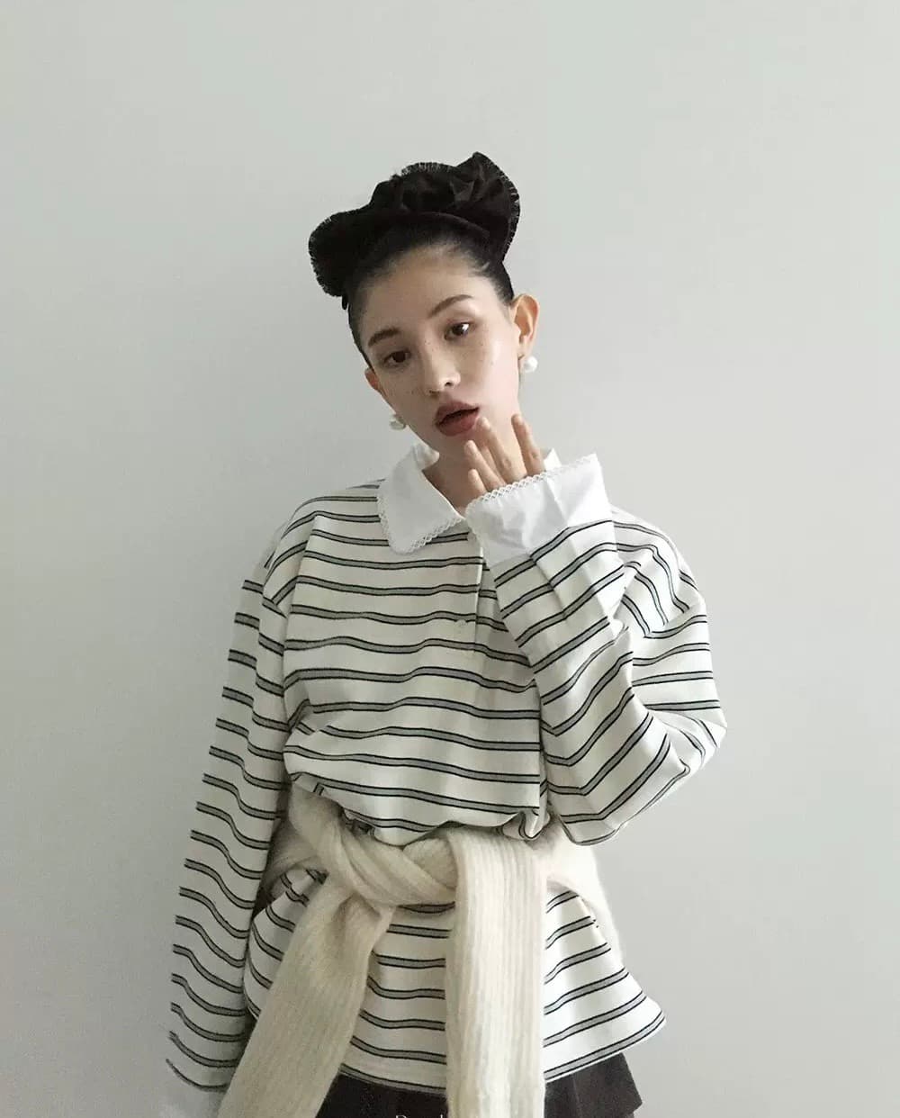 있음 선적 한 부서 달콤함 레이스 폴로 칼라 스트라이프 긴팔 티셔츠 이미지 3