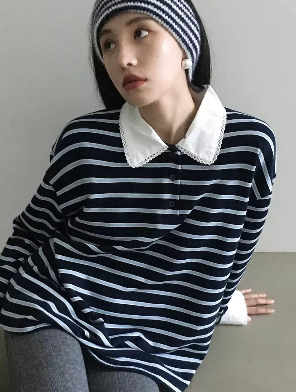 있음 선적 한 부서 달콤함 레이스 폴로 칼라 스트라이프 긴팔 티셔츠 이미지 2