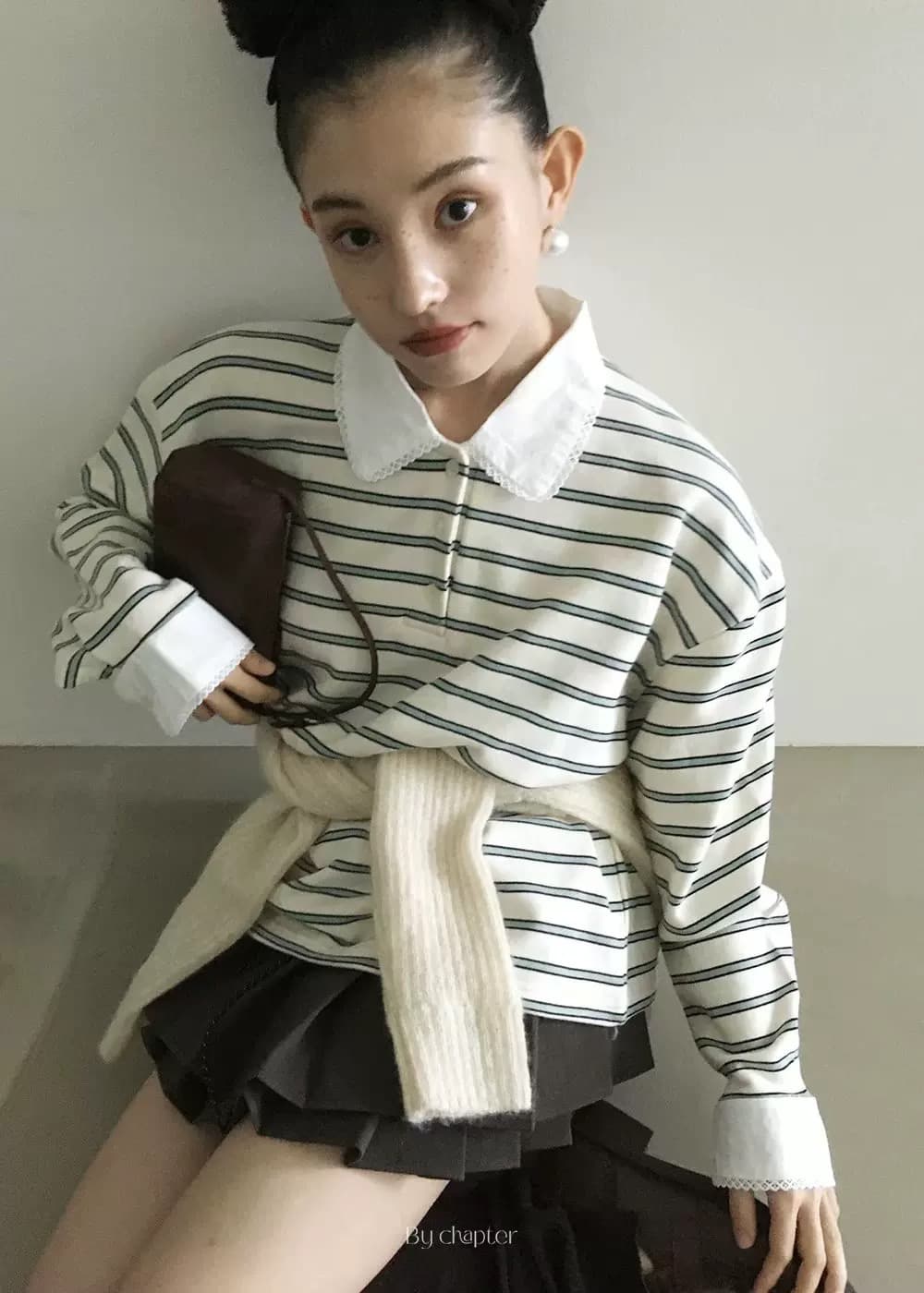 있음 선적 한 부서 달콤함 레이스 폴로 칼라 스트라이프 긴팔 티셔츠 상세 이미지 2