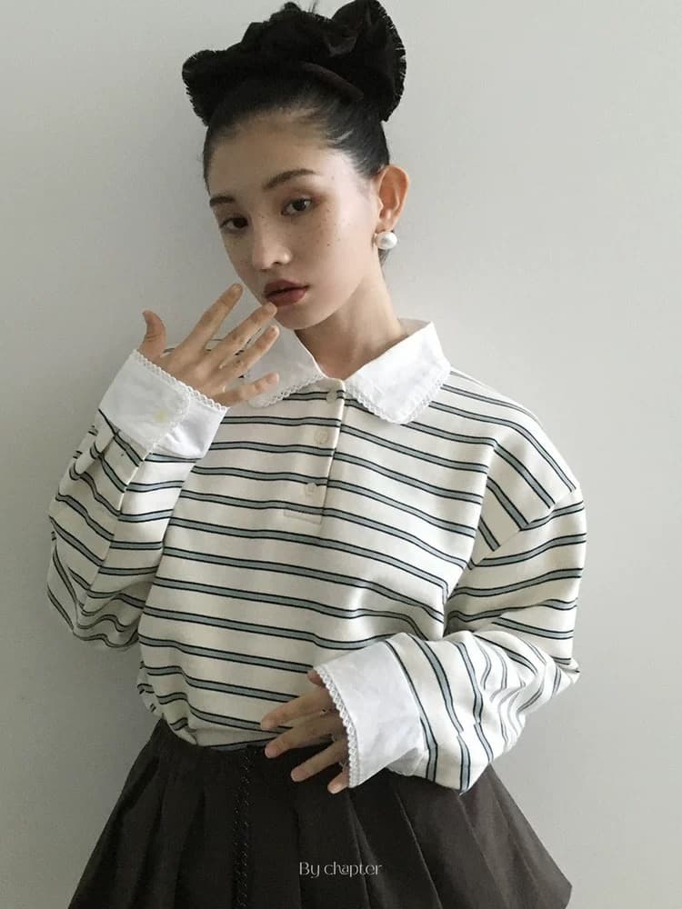 있음 선적 한 부서 달콤함 레이스 폴로 칼라 스트라이프 긴팔 티셔츠 상세 이미지 3