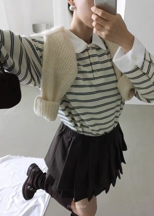 있음 선적 한 부서 달콤함 레이스 폴로 칼라 스트라이프 긴팔 티셔츠 상세 이미지 4