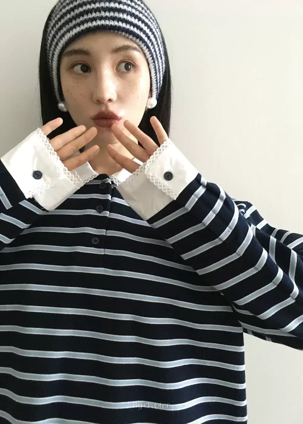 있음 선적 한 부서 달콤함 레이스 폴로 칼라 스트라이프 긴팔 티셔츠 상세 이미지 6