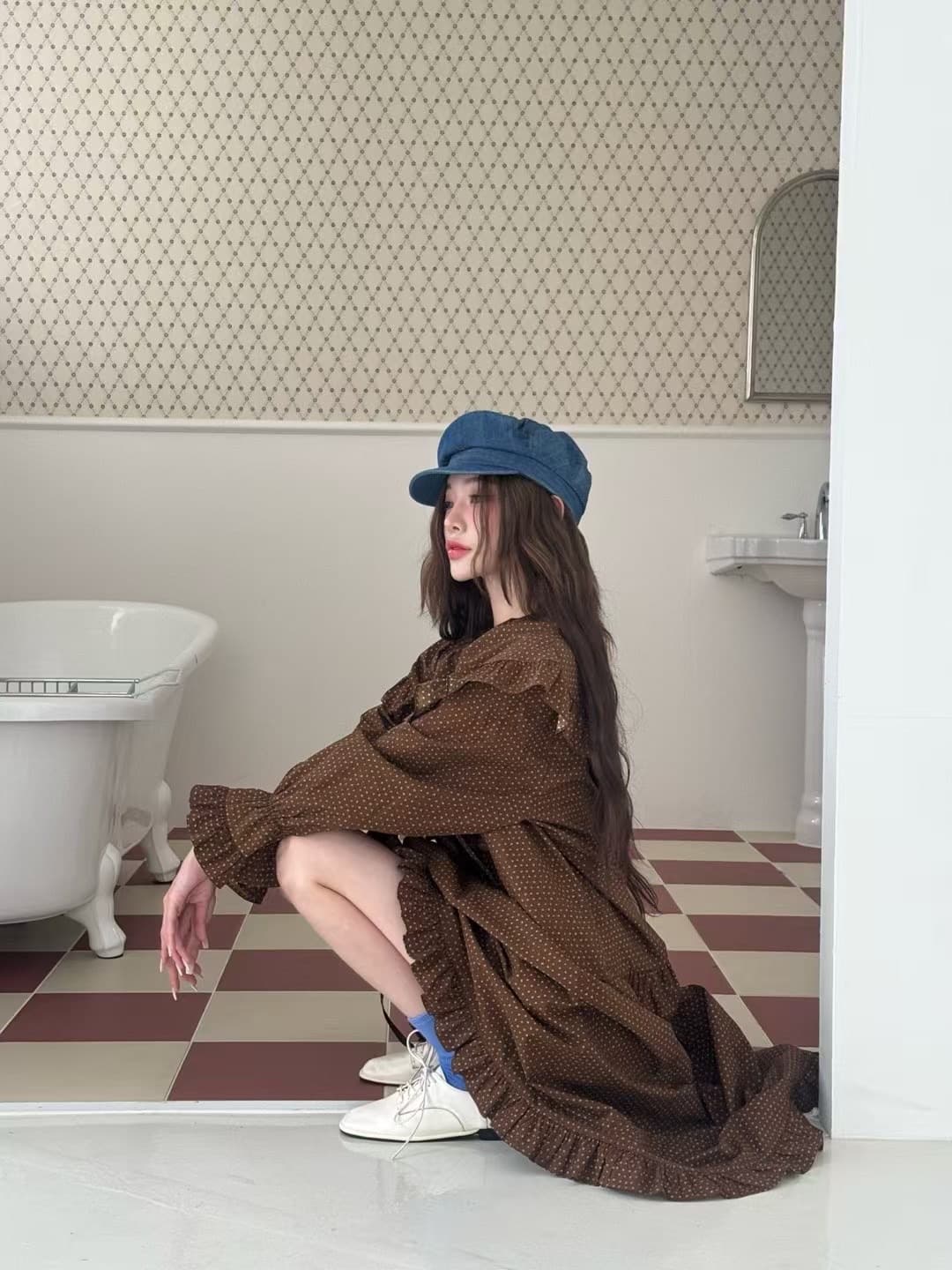 있음 선적 한 부서 달콤함 도트 무늬 프린트 폴로 칼라 드레스 상세 이미지 3