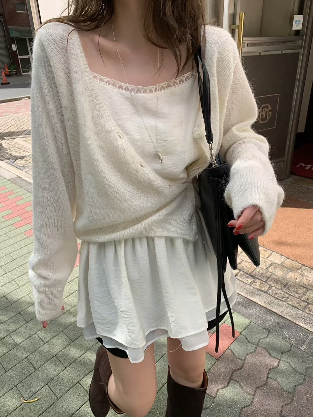 있음 선적 삼색 한 부서 비스듬한 襟 얇은 스타일 긴팔 오픈 가디건 털 니트 스웨터 상세 이미지 12