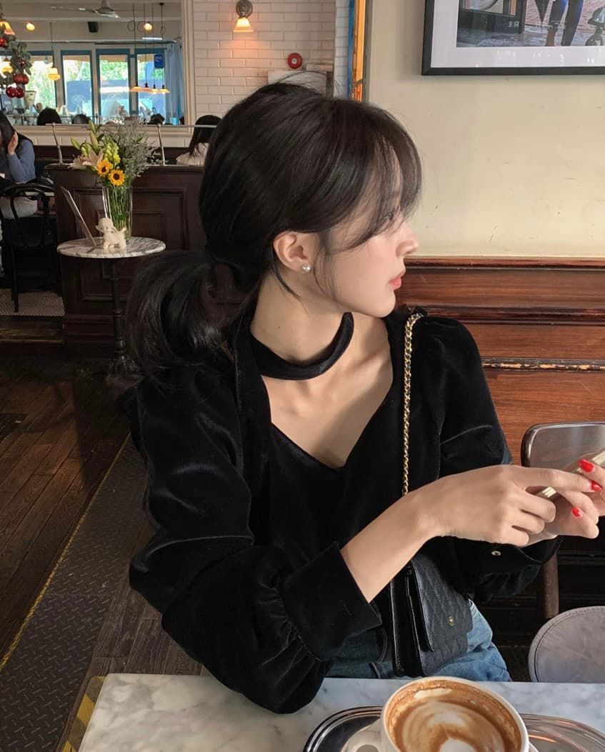 있음 선적 한 부서 품격 벨벳 복숭아 심장 고리 긴팔 맨위 이미지 3