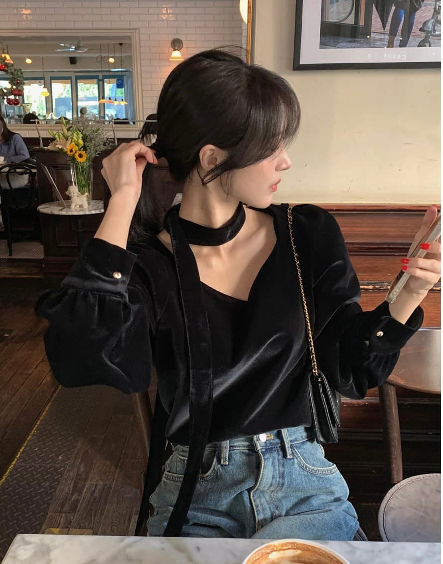 있음 선적 한 부서 품격 벨벳 복숭아 심장 고리 긴팔 맨위