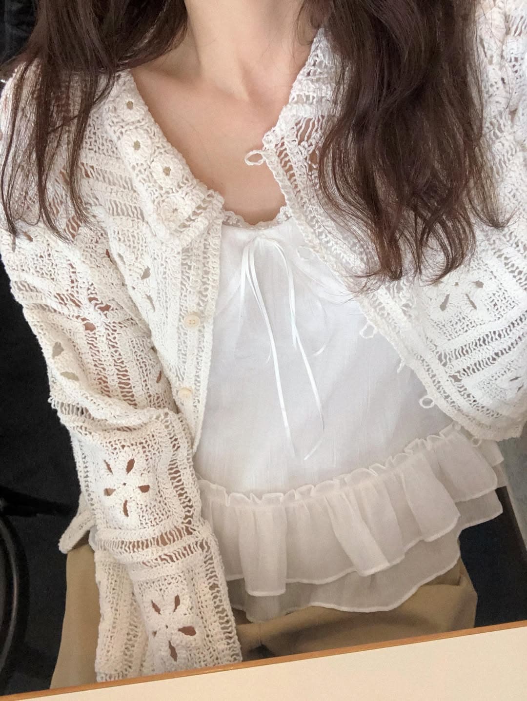 한 부서 달콤함 훅 제직 홀로우 아웃 폴로 칼라 맨위 싱글 줄 버튼 상세 이미지 6