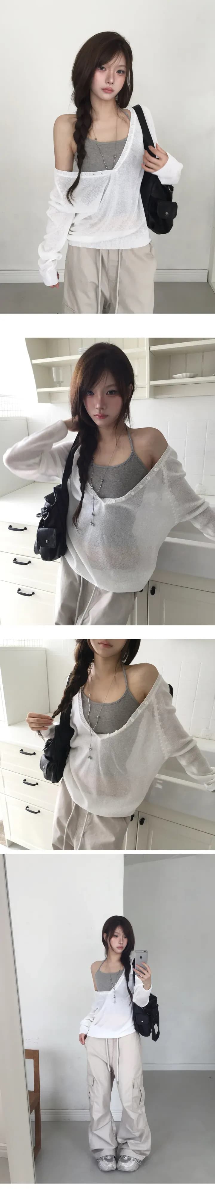 한 부서 V넥 싱글 줄 버튼 긴팔 털 니트 맨위 풀오버 상세 이미지 1