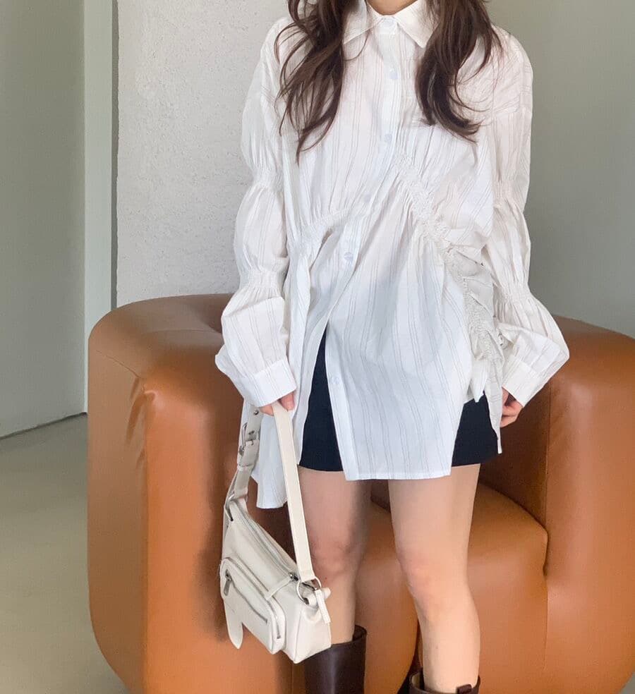 있음 선적 한 부서 디자인 센스 명중 가져 가라. 주름 비대칭 긴팔 여성 셔츠 싱글 줄 버튼 상세 이미지 9
