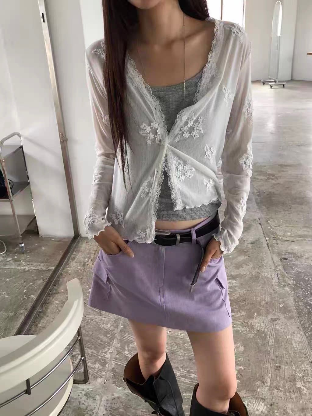 있음 선적 한 부서 여성 몸매 가꾸기 레이스 자수 얇고 가벼운 오픈 가디건 싱글 줄 버튼 이미지 2