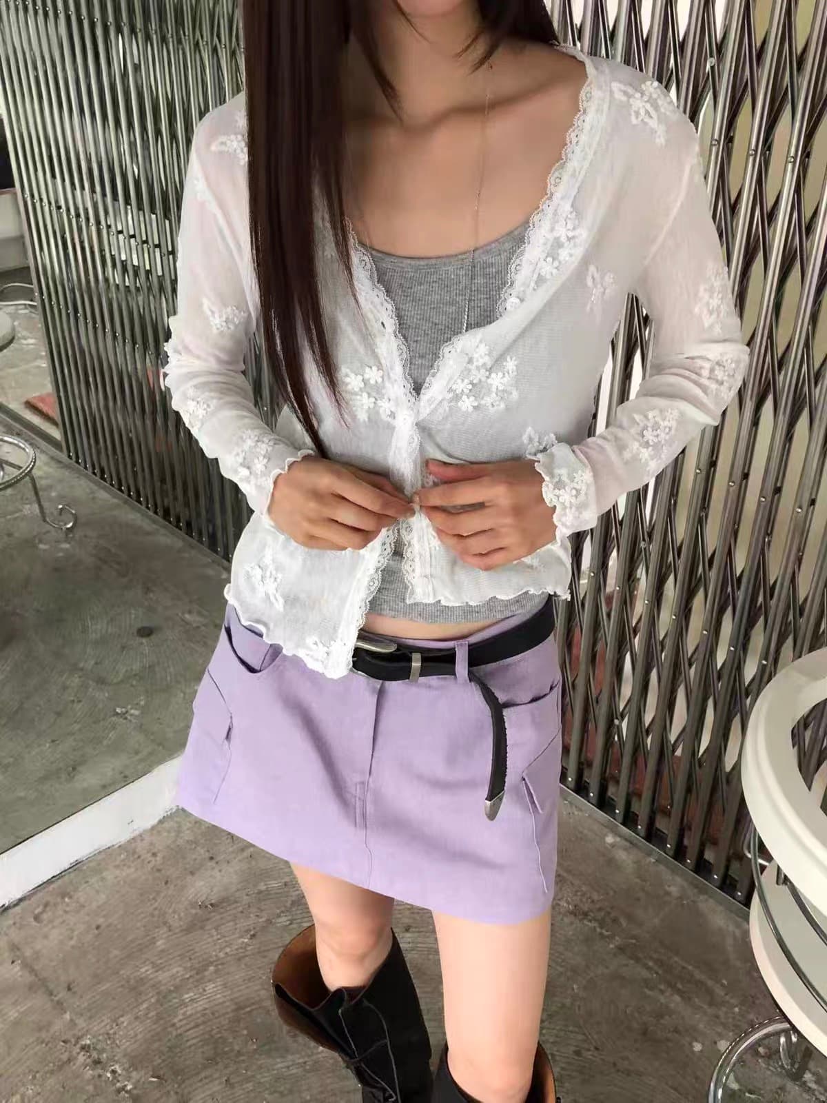 있음 선적 한 부서 여성 몸매 가꾸기 레이스 자수 얇고 가벼운 오픈 가디건 싱글 줄 버튼 이미지 3