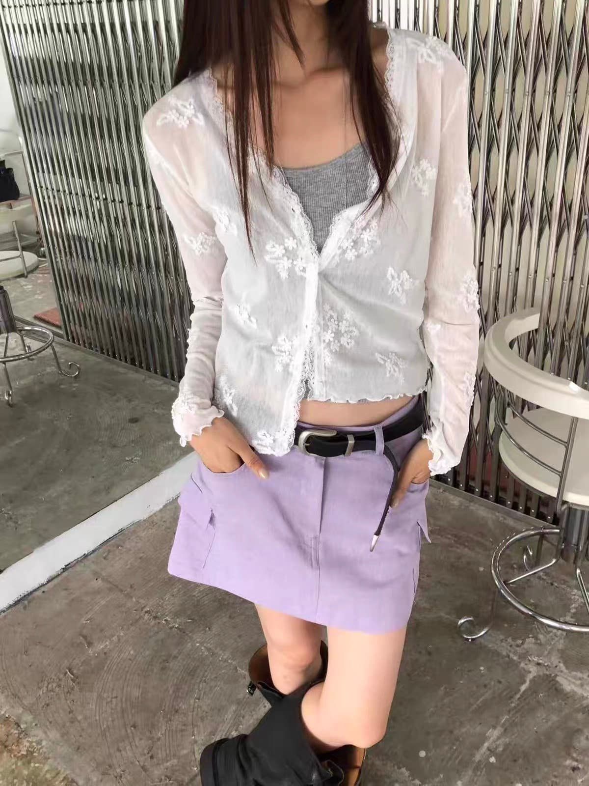 있음 선적 한 부서 여성 몸매 가꾸기 레이스 자수 얇고 가벼운 오픈 가디건 싱글 줄 버튼 이미지 4