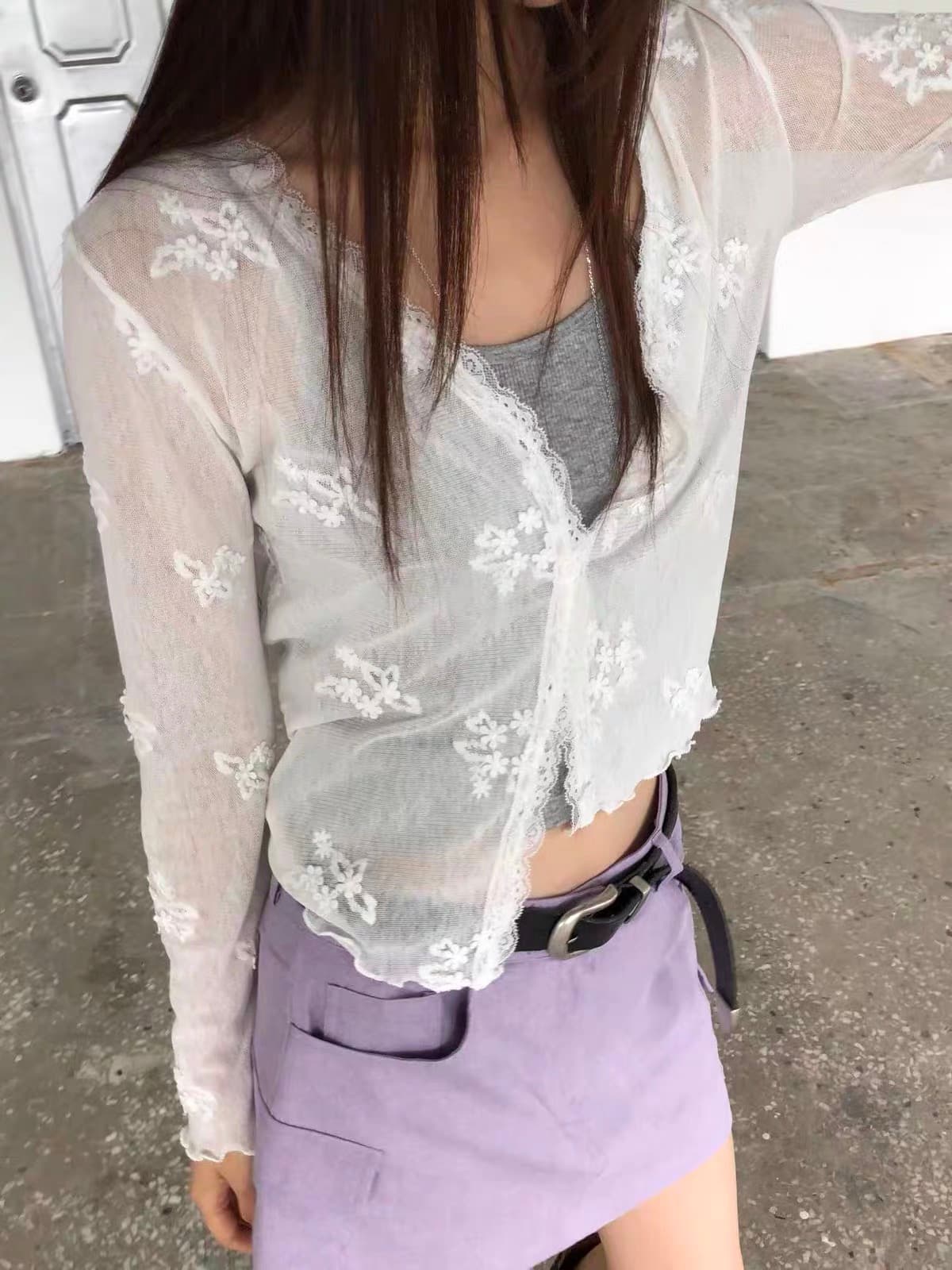 있음 선적 한 부서 여성 몸매 가꾸기 레이스 자수 얇고 가벼운 오픈 가디건 싱글 줄 버튼 상세 이미지 6