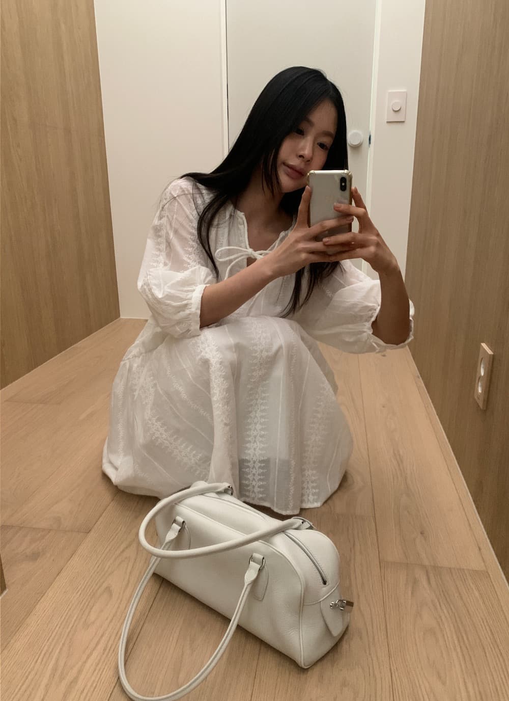 있음 선적 한 부서 순수한 흰색 자수 7부 소매 롱 코트 큰 진자 드레스 상세 이미지 18
