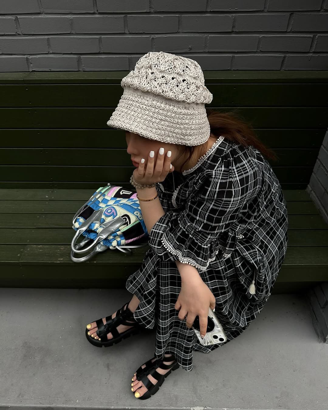 있음 선적 한 부서 체크무늬 레이스업 패치워크 레이스 루즈핏 드레스 이미지 3