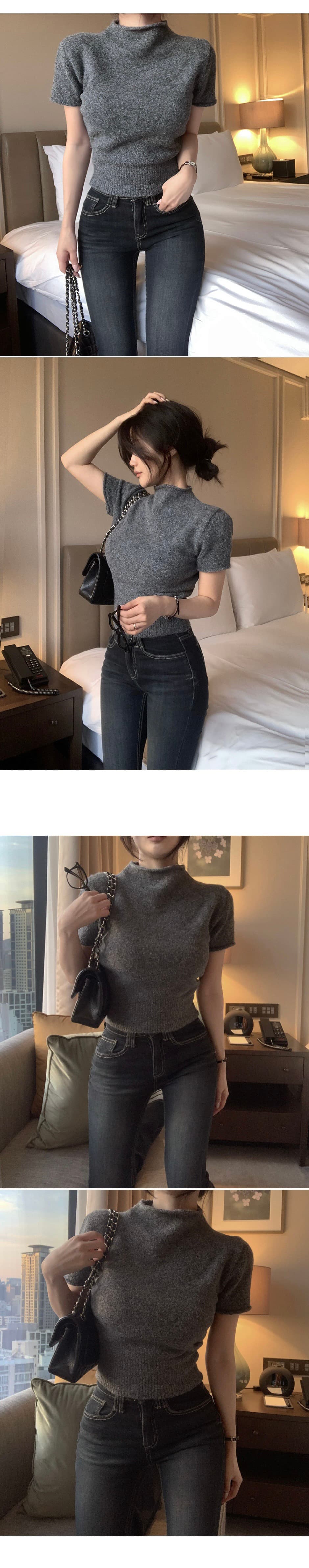 있음 선적 한 부서 4 가지 색상 다용도 반하이넥 반팔 털 니트 스웨터 상세 이미지 1