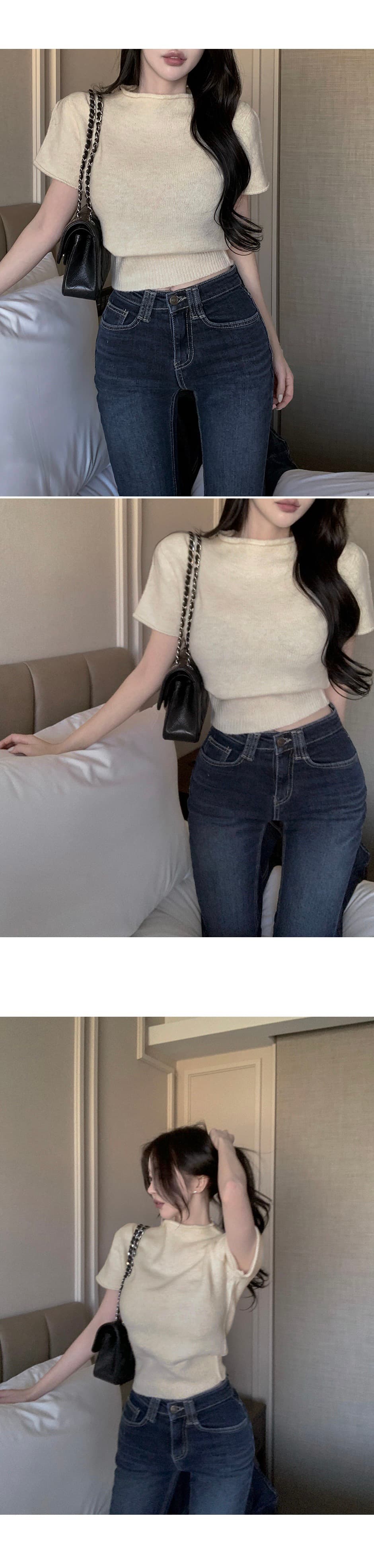 있음 선적 한 부서 4 가지 색상 다용도 반하이넥 반팔 털 니트 스웨터 상세 이미지 8