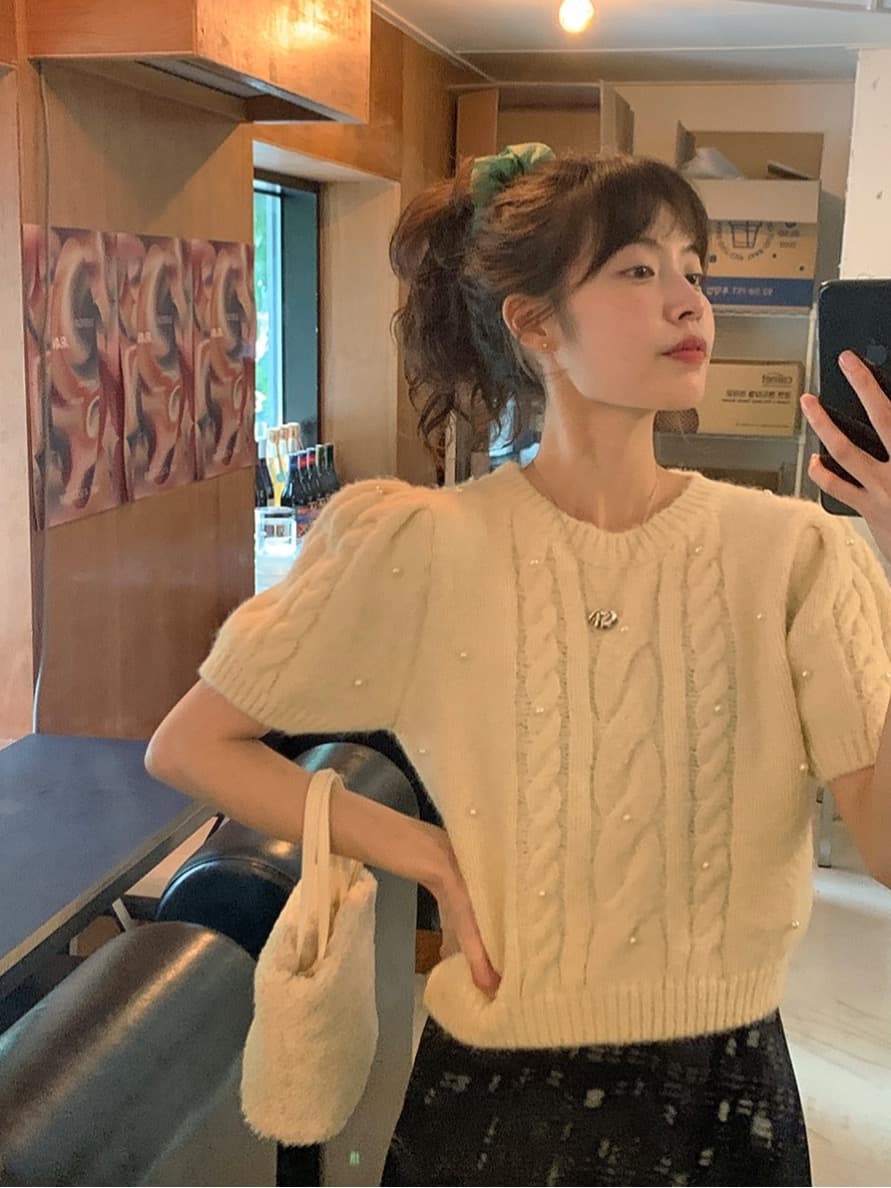 있음 선적 한 부서 품격 비즈 박기 반팔 라운드 넥 스웨터 풀오버
