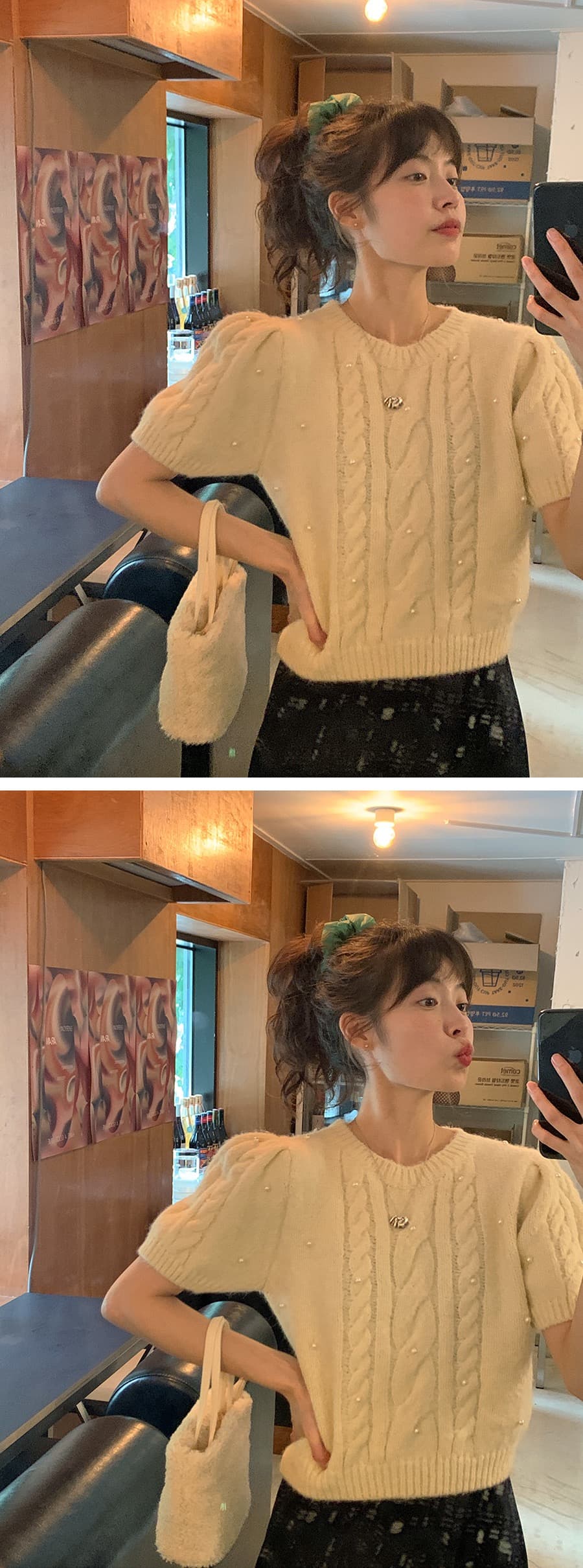 있음 선적 한 부서 품격 비즈 박기 반팔 라운드 넥 스웨터 풀오버 상세 이미지 1