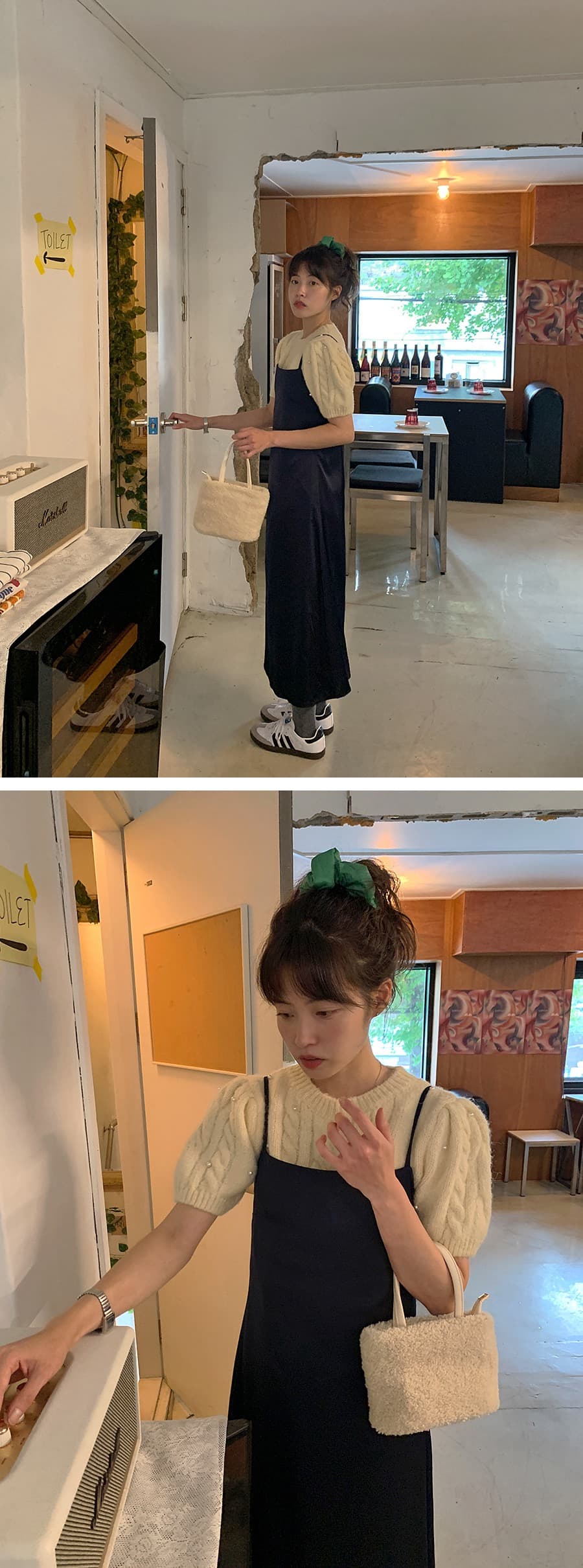 있음 선적 한 부서 품격 비즈 박기 반팔 라운드 넥 스웨터 풀오버 상세 이미지 6