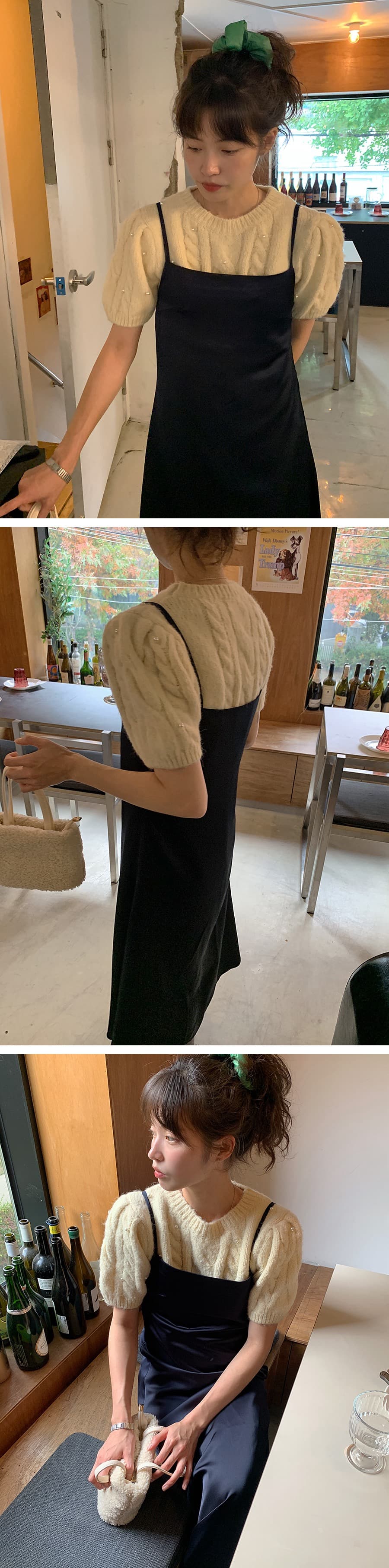 있음 선적 한 부서 품격 비즈 박기 반팔 라운드 넥 스웨터 풀오버 상세 이미지 8