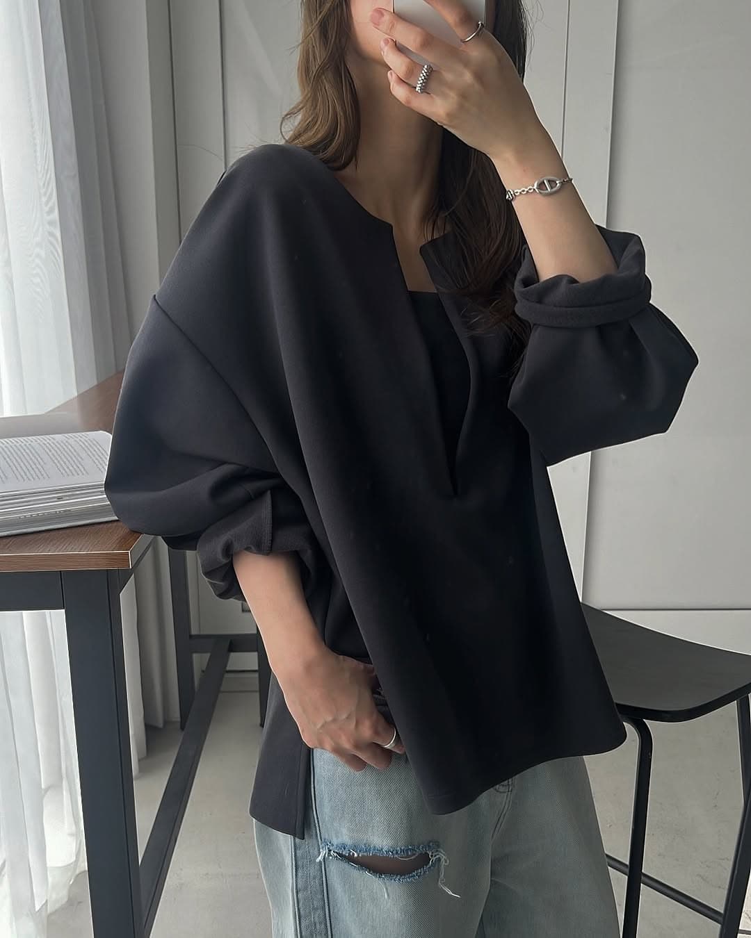 있음 선적 한 부서 둘 색상 느슨함 센스 품격 V넥 후드티 슬립 세트 이미지 3