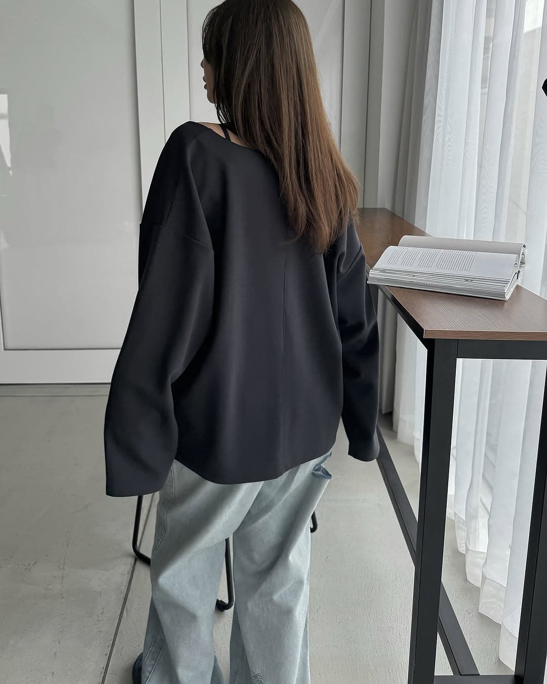 있음 선적 한 부서 둘 색상 느슨함 센스 품격 V넥 후드티 슬립 세트 상세 이미지 4