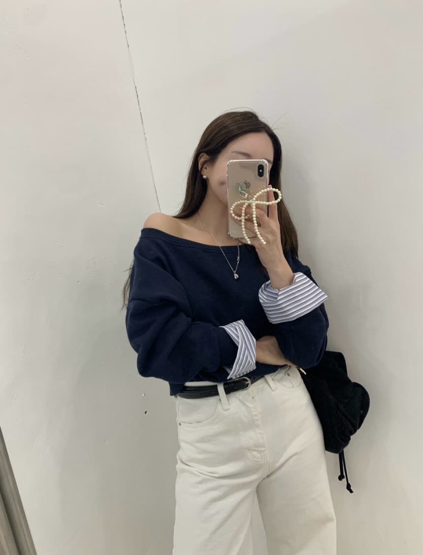 있음 선적 한 부서 보트넥 오프숄더 디자인 센스 패치워크 후드티 이미지 4