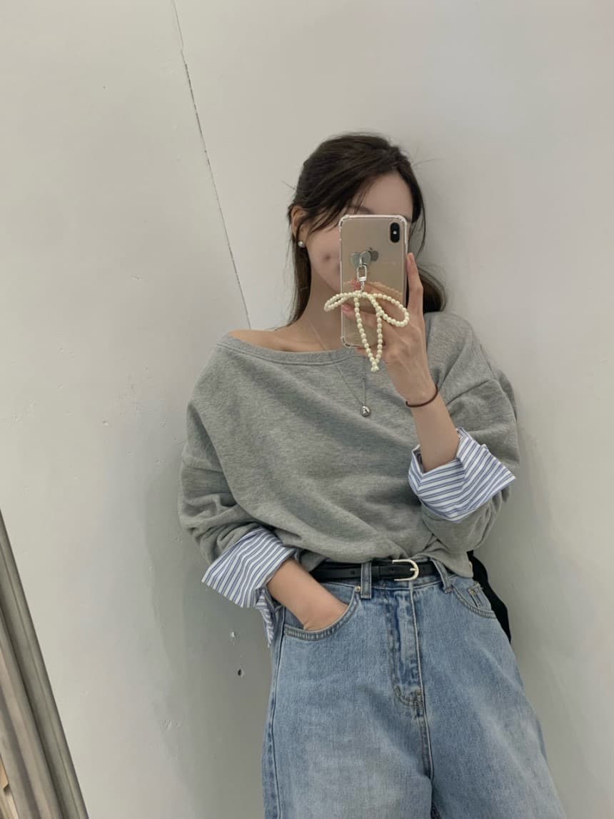 있음 선적 한 부서 보트넥 오프숄더 디자인 센스 패치워크 후드티 이미지 3